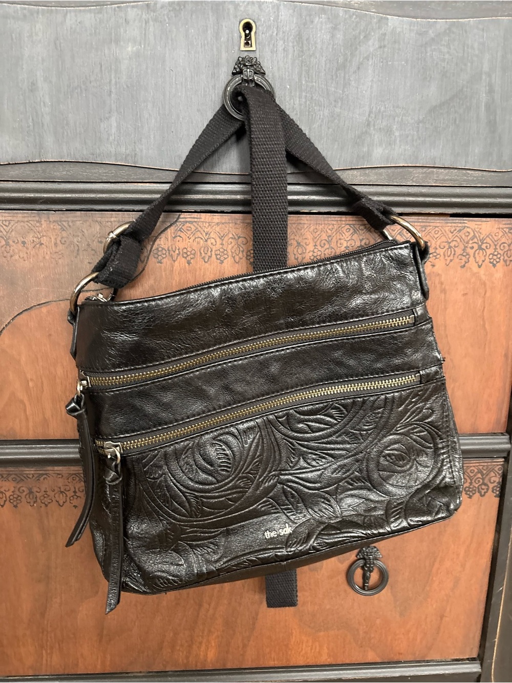 The Sak Leather Western Equestrian Vibes Embossed Black Crossbody Bag, RESEDA